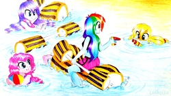 Size: 4128x2322 | Tagged: safe, artist:liaaqila, applejack, pinkie pie, rainbow dash, rarity, equestria girls, g4, beach, beach ball, clothes, commission, inflatable, inflatable toy, pool toy, swimming, swimsuit, traditional art, watergun