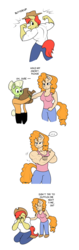 Size: 706x2240 | Tagged: safe, artist:matchstickman, bright mac, granny smith, pear butter, earth pony, anthro, plantigrade anthro, g4, biceps, breasts, busty pear butter, clothes, comic, deltoids, dialogue, female, flexing, implied tail hole, jacket, jeans, male, mare, matchstickman's pear buffer series, might mac, muscles, pants, pear buffer, ship:brightbutter, shipping, shirt, simple background, stallion, straight, white background