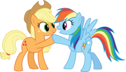 Size: 5281x3000 | Tagged: safe, artist:cloudy glow, artist:yanoda, applejack, rainbow dash, earth pony, pegasus, pony, g4, non-compete clause, .ai available, cowboy hat, freckles, hat, high res, hoofbump, simple background, smiling, stetson, transparent background, vector