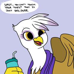 Size: 1200x1200 | Tagged: safe, artist:pony quarantine, gilda, griffon, g4, female, mocking, offscreen character, simple background, solo, speech bubble, text, towel, water bottle