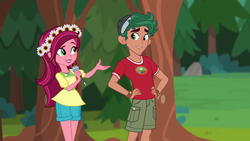 Size: 1920x1080 | Tagged: safe, screencap, gloriosa daisy, timber spruce, human, equestria girls, g4, my little pony equestria girls: legend of everfree, brother and sister, camp everfree logo, camp everfree outfits, female, flower, flower in hair, geode of fauna, geode of shielding, geode of sugar bombs, geode of super speed, geode of super strength, magical geodes, male, microphone, siblings