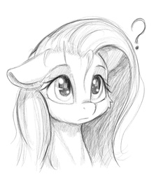Size: 1350x1536 | Tagged: safe, artist:alcor, fluttershy, pegasus, pony, g4, bust, cute, female, floppy ears, grayscale, looking at something, looking away, looking up, mare, monochrome, portrait, question mark, shyabetes, simple background, solo, stray strand, three quarter view, white background