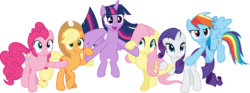 Size: 6000x2221 | Tagged: safe, artist:cloudy glow, screencap, applejack, fluttershy, pinkie pie, rainbow dash, rarity, twilight sparkle, alicorn, earth pony, pegasus, pony, unicorn, g4, season 9, the beginning of the end, female, flying, high res, holding hooves, mane six, mare, simple background, smiling, spread wings, transparent background, twilight sparkle (alicorn), vector, wings