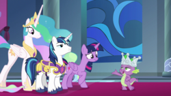 Size: 1920x1080 | Tagged: safe, screencap, princess celestia, shining armor, spike, twilight sparkle, alicorn, pony, g4, sparkle's seven, crown, hard-won helm of the sibling supreme, twilight sparkle (alicorn)