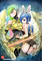 Size: 2267x3270 | Tagged: safe, artist:mashiromiku, princess celestia, princess luna, human, equestria girls, g4, armor, bunny ears, bunny suit, clothes, high res, patreon, patreon logo, traditional art, watercolor painting