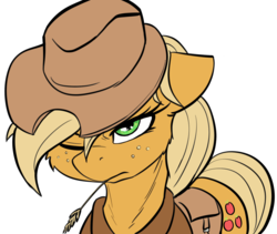 Size: 1817x1536 | Tagged: safe, artist:alcor, applejack, earth pony, pony, g4, applejack's hat, cowboy hat, female, hat, hay stalk, looking at you, one eye closed, saddle bag, simple background, solo, straw in mouth, transparent background