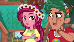 Size: 1920x1080 | Tagged: safe, screencap, gloriosa daisy, timber spruce, human, equestria girls, g4, my little pony equestria girls: legend of everfree, brother and sister, camp everfree logo, camp everfree outfits, female, geode of fauna, geode of shielding, geode of super speed, geode of super strength, magical geodes, male, siblings, smiling, smirk