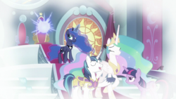 Size: 1920x1080 | Tagged: safe, screencap, princess celestia, princess luna, shining armor, twilight sparkle, alicorn, pony, g4, sparkle's seven, twilight sparkle (alicorn)