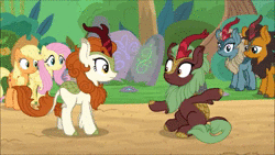 Size: 854x480 | Tagged: safe, edit, edited edit, edited screencap, editor:tape quintus, screencap, sound edit, applejack, autumn blaze, cinder glow, fluttershy, pumpkin smoke, sparkling brook, summer flare, earth pony, kirin, pegasus, pony, g4, sounds of silence, animated, background kirin, bamboo, female, flailing, flapping, helicopter, jet engine, male, mare, noodle arms, sound, taking off, wat, webm