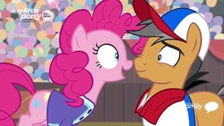 Size: 1280x720 | Tagged: safe, screencap, pinkie pie, quibble pants, earth pony, pony, common ground, g4, boop, cap, clothes, hat, noseboop, shirt