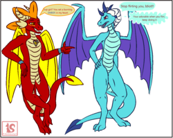 Size: 1073x855 | Tagged: safe, artist:randomcatgirl, princess ember, oc, oc:garro, dragon, anthro, g4, flirting, tsundember, tsundere