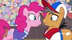 Size: 1280x720 | Tagged: safe, screencap, pinkie pie, quibble pants, earth pony, pony, common ground, g4, cap, clothes, hat, shirt
