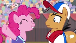 Size: 1280x720 | Tagged: safe, screencap, pinkie pie, quibble pants, earth pony, pony, common ground, g4, cap, clothes, hat, shirt
