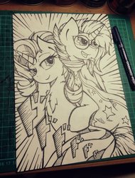 Size: 1560x2048 | Tagged: safe, artist:canvymamamoo, starlight glimmer, sunburst, pony, unicorn, g4, chest fluff, female, glasses, looking back, male, mare, monochrome, open mouth, sketch, smiling, stallion, traditional art