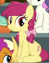 Size: 328x421 | Tagged: safe, screencap, lucky charm (g4), peppermint goldylinks, smolder, twinkleshine, earth pony, pony, g4, the washouts (episode), background pony, bow, cropped, cute, female, friendship student, hair bow, mare, pigtails, sitting, solo focus