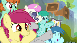 Size: 1920x1080 | Tagged: safe, screencap, blue october, blueberry muffin, lucky charm (g4), peppermint goldylinks, spring melody, sprinkle medley, star bright, twinkleshine, earth pony, pegasus, pony, unicorn, g4, the washouts (episode), background pony, background pony audience, eyes closed, female, friendship student, irrational exuberance, male, mare, smiling, speaker, stallion