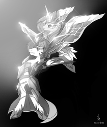 Size: 952x1136 | Tagged: safe, artist:zidanemina, princess cadance, shining armor, alicorn, pony, unicorn, g4, couple, crossover, epic wife tossing, fastball special, grayscale, monochrome, saint seiya, throwing