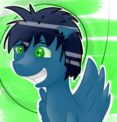 Size: 2704x2832 | Tagged: safe, oc, pegasus, pony, blue, blue coat, crazy eyes, crazy face, faic, green eyes, high res, male, original character do not steal, smiling, stallion