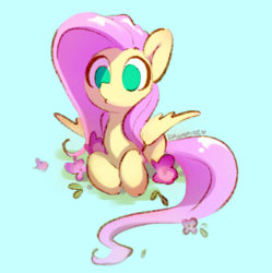 Size: 995x998 | Tagged: safe, artist:dawnfire, fluttershy, pegasus, pony, g4, blue background, cute, empty eyes, female, flower, mare, no catchlights, no pupils, prone, shyabetes, simple background, solo