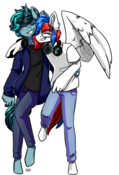Size: 3126x4596 | Tagged: safe, artist:lrusu, oc, oc only, anthro, unguligrade anthro, clothes, commission, eyes closed, headphones, high res, jacket, pants, sharing headphones, shirt, simple background, smiling, transparent background