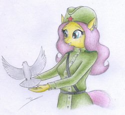 Size: 1877x1723 | Tagged: safe, artist:sinaherib, fluttershy, dove, anthro, g4, clothes, female, military, military uniform, peace, solo, soviet, traditional art, uniform, victory day, world war ii
