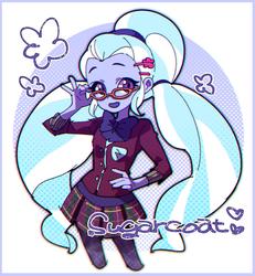 Size: 1294x1401 | Tagged: safe, artist:erakuneyo, sugarcoat, equestria girls, g4, bowtie, clothes, crystal prep academy uniform, cute, female, glasses, hairclip, looking at you, pigtails, school uniform, skirt, smiling, solo, sugarcute, twintails