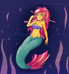Size: 2600x2800 | Tagged: safe, artist:katakiuchi4u, sunset shimmer, mermaid, equestria girls, g4, belly button, bra, breasts, cleavage, clothes, cutie mark pendant, female, freckles, grin, high res, jewelry, mermaidized, midriff, necklace, peppered bacon, smiling, solo, species swap, torn clothes, underwater, underwear