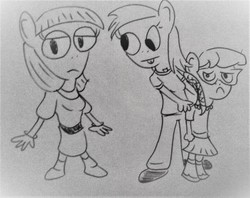 Size: 1667x1320 | Tagged: safe, artist:dex stewart, derpy hooves, maud pie, silver spoon, earth pony, anthro, g4, bucktooth, lineart, monochrome, the fairly oddparents, traditional art