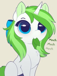 Size: 1549x2048 | Tagged: safe, artist:evehly, oc, oc only, oc:minty root, pony, unicorn, bow, chest fluff, cute, eating, female, hair bow, herbivore, horses doing horse things, leaves, mare, mint, munching, ocbetes, sitting, solo