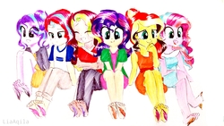 Size: 4128x2322 | Tagged: safe, artist:liaaqila, starlight glimmer, sunset shimmer, oc, oc:dawn light (ice1517), oc:dusk fire (ice1517), oc:evening glitter, oc:shadow shine, icey-verse, equestria girls, g4, alternate hairstyle, barefoot, brother and sister, clothes, commission, crossed arms, crying, dress, equestria girls-ified, eyes closed, feather, feet, female, fetish, foot fetish, grin, jacket, jeans, laughing, lesbian, magical lesbian spawn, male, male feet, mother and daughter, mother and son, next generation, offspring, open mouth, pants, parent:starlight glimmer, parent:sunset shimmer, parents:shimmerglimmer, ship:shimmerglimmer, shipping, shirt, shorts, siblings, simple background, sisters, skirt, sleeveless, smiling, t-shirt, tears of laughter, tickle torture, tickling, traditional art, twins, wall of tags, white background