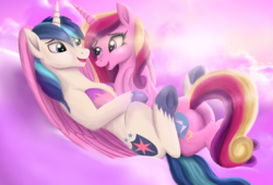 Size: 3300x2250 | Tagged: safe, artist:greenbrothersart, princess cadance, shining armor, alicorn, pony, unicorn, g4, butt, cloud, female, high res, looking at each other, lovebutt, male, mare, married couple, plot, ship:shiningcadance, shipping, smiling, stallion, straight