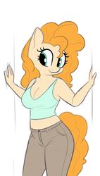 Size: 1414x2490 | Tagged: safe, artist:andelai, pear butter, earth pony, anthro, g4, breasts, busty pear butter, cleavage, clothes, female, mare, midriff, pants, smiling, solo, tank top