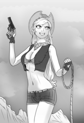 Size: 1310x1920 | Tagged: safe, artist:symptom99, applejack, equestria girls, g4, abs, bandana, belly button, breasts, cleavage, clothes, cowboy hat, daisy dukes, female, fingerless gloves, freckles, gloves, grin, gun, handgun, hat, lasso, midriff, revolver, rope, shorts, smiling, solo, underboob, vest, weapon