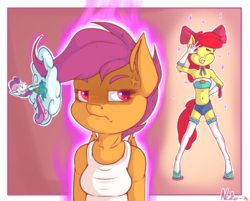 Size: 1325x1067 | Tagged: safe, artist:neko-me, apple bloom, scootaloo, sweetie belle, anthro, apple bloomers, g4, annoyed, apple buruma project, armpits, bare shoulders, belly button, breasts, busty apple bloom, busty scootaloo, busty sweetie belle, cleavage, clothes, cloud, cross-popping veins, cutie mark crusaders, dress, ear fluff, evening gloves, eyes closed, female, gloves, long gloves, midriff, older, older apple bloom, older scootaloo, older sweetie belle, on a cloud, one eye closed, only sane mare, size difference, socks, sweat, sweatdrop, tank top, thigh highs, wing fluff, wink