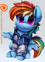 Size: 2550x3509 | Tagged: safe, artist:pridark, rainbow dash, pegasus, pony, g4, clothes, cute, cuteness overload, dashabetes, ear fluff, eye reflection, female, high res, hoodie, looking at you, mare, patreon, patreon logo, pridark is trying to murder us, reflection, sitting, smiling, solo, weapons-grade cute, wing fluff, wonderbolts hoodie