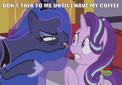 Size: 669x464 | Tagged: safe, edit, edited screencap, editor:undeadponysoldier, screencap, princess luna, starlight glimmer, alicorn, pony, unicorn, a royal problem, g4, canterlot throne room, caption, every blank ever, every starbucks ever, female, image macro, mare, pointing, reference, relatable, scared, smosh, text, tired, tongue out, treehouse logo, youtube