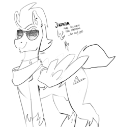 Size: 1072x1174 | Tagged: safe, artist:cymek, oc, oc only, oc:jetstream, pegasus, pony, crotch bulge, firebolts, male, monochrome, sketch, solo, stallion, sunglasses