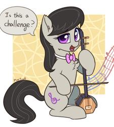 Size: 1642x1827 | Tagged: safe, artist:puetsua, octavia melody, earth pony, pony, g4, cheek fluff, chest fluff, cute, dialogue, ear fluff, erhu, female, hoof hold, leg fluff, mare, music notes, musical instrument, open mouth, sitting, solo, speech bubble, tavibetes