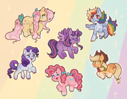 Size: 1000x780 | Tagged: safe, artist:forestfolke, applejack, fluttershy, pinkie pie, rainbow dash, rarity, twilight sparkle, alicorn, butterfly, earth pony, pegasus, pony, unicorn, g4, alternate hairstyle, bow, braid, colored hooves, cowboy hat, cute, dashabetes, diapinkes, dock, eyes closed, female, hair bow, hat, jackabetes, mane six, mare, no pupils, one eye closed, open mouth, profile, raribetes, redesign, shyabetes, tail bow, twiabetes, twilight sparkle (alicorn), two toned wings, wings, wink