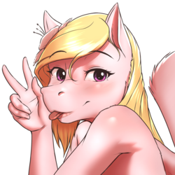 Size: 1900x1900 | Tagged: safe, artist:mykegreywolf, oc, oc only, oc:vee, pegasus, anthro, anthro oc, bare shoulder portrait, bare shoulders, blonde, bust, cute, female, flower, flower in hair, looking at you, mare, pink fur, portrait, sketch, smiling, solo, tongue out, victory sign, wings