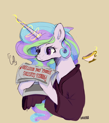 Size: 953x1085 | Tagged: safe, artist:icecreamsandwich12, princess celestia, alicorn, pony, g4, ponyville confidential, bust, cakelestia, clothes, cup, cute, cutelestia, female, magic, newspaper, robe, solo, teacup, telekinesis