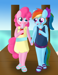 Size: 2550x3300 | Tagged: safe, artist:skyflys, pinkie pie, rainbow dash, anthro, plantigrade anthro, g4, blushing, clothes, cute, feet, female, filly, filly pinkie pie, filly rainbow dash, high res, holding hands, lesbian, sandals, ship:pinkiedash, shipping, younger