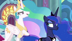 Size: 1920x1080 | Tagged: safe, screencap, princess celestia, princess luna, alicorn, pony, g4, sparkle's seven, crown, female, hoof shoes, jewelry, luna is not amused, pouting, raised hoof, regalia, royal sisters, sibling rivalry, siblings, sisters, throne room, unamused