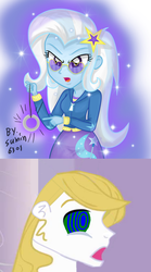 Size: 1600x2888 | Tagged: safe, artist:sumin6301 edits, edit, prince blueblood, trixie, equestria girls, g4, equestria girls-ified, female, hypnosis, male, one piece, pendulum swing, ship:bluetrix, shipping, shipping domino, straight, surprised blueblood