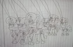 Size: 4450x2911 | Tagged: safe, artist:徐詩珮, fizzlepop berrytwist, glitter drops, spring rain, tempest shadow, oc, oc:betty pop, oc:spring legrt, oc:storm lightning, pony, unicorn, g4, my little pony: the movie, angry, broken horn, female, glitter drops is not amused, half-siblings, hoof shoes, horn, lesbian, lineart, magic, magical lesbian spawn, mare, mother and daughter, next generation, offspring, older, parent:glitter drops, parent:spring rain, parent:tempest shadow, parents:glittershadow, parents:springdrops, parents:springshadow, polyamory, royal guard, ship:glittershadow, ship:springdrops, ship:springshadow, ship:springshadowdrops, shipping, siblings, sisters, spring rain is not amused, tempest becomes a royal guard, tempest shadow is not amused, traditional art