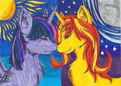 Size: 963x680 | Tagged: safe, artist:tenebrae, sunset shimmer, twilight sparkle, alicorn, pony, unicorn, g4, female, lesbian, mare, markers, ship:sunsetsparkle, shipping, traditional art, twilight sparkle (alicorn)