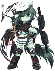 Size: 965x1236 | Tagged: safe, artist:roshichen, earth pony, pony, semi-anthro, arm hooves, belt, beret, bipedal, boots, bullet, cape, clothes, cute, cutlass, eyepatch, gloves, green eyes, green hair, green mane, hat, kantai collection, kiso, kuma class light cruiser, miniskirt, pauldron, pleated skirt, ponified, rigging, sailor uniform, shipmare, shoes, skirt, solo, sword, torpedo cruiser, weapon