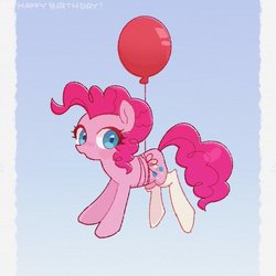Size: 768x768 | Tagged: safe, artist:yukutamil, pinkie pie, earth pony, pony, g4, balloon, clothes, colored pupils, cute, diapinkes, female, floating, gradient background, mare, socks, solo, then watch her balloons lift her up to the sky