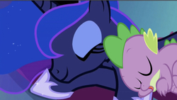 Size: 642x362 | Tagged: safe, edit, edited screencap, editor:undeadponysoldier, screencap, princess luna, spike, alicorn, dragon, pony, do princesses dream of magic sheep, g4, clothes, cute, daaaaaaaaaaaw, eyes closed, female, hoof pillow, male, mare, open mouth, ship:spiluna, shipping, sleeping, sleeping together, spikelove, stars in mane, straight