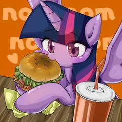 Size: 1000x1000 | Tagged: safe, artist:770nanao15, twilight sparkle, alicorn, pony, burger, cute, drink, ear fluff, female, food, hay burger, heart, nom, orange background, simple background, soda, solo, spread wings, straw, that pony sure does love burgers, this will end in weight gain, twiabetes, twilight burgkle, twilight sparkle (alicorn), wings